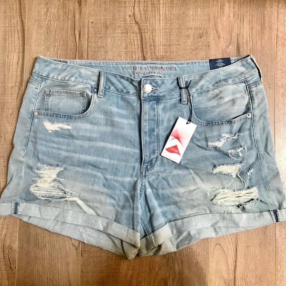 American Eagle Outfitters Light Blue Distressed Rolled-Hem Denim Shorts